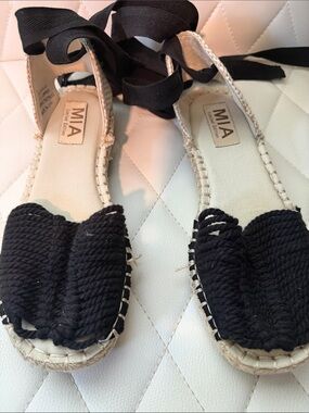 MIA Black Rope Espadrille Flats with Ankle Wrap